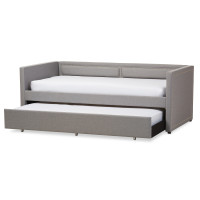 Baxton Studio Raymond-Grey-Daybed Raymond Trimmed Sofa Twin Daybed with Roll-Out Trundle Guest Bed